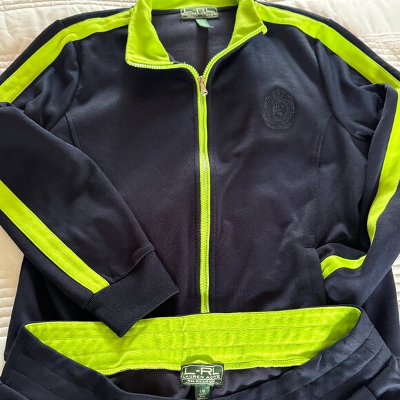 Ralph Lauren Active Set Zip Track Jacket-XL & Pants-L NavyBlue Lime Green w Logo - Picture 7 of 8